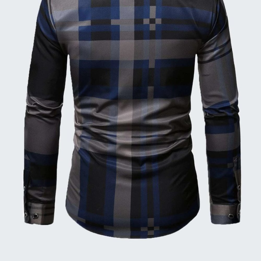 Business Casual Blue Men's Plaid Print Shirt - Picture 5 of 9